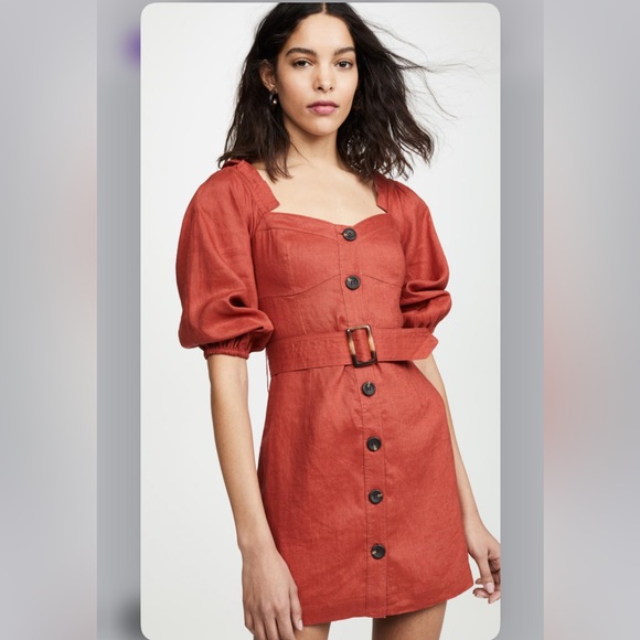 Suboo Rising Sun Button Front Linen Mini Dress brick red - Picture 5 of 13